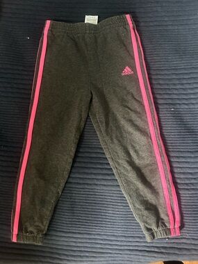 adidas Kids Charcoal Gray Joggers with Pink Stripes